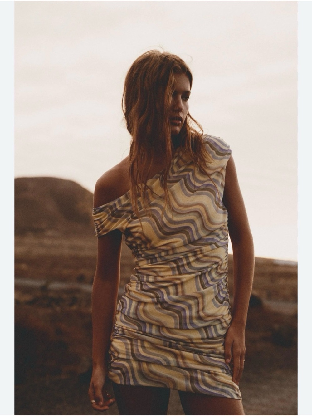 NWT Zara Off-Shoulder Wavy Print Mini Dress in Yellow and Blue
